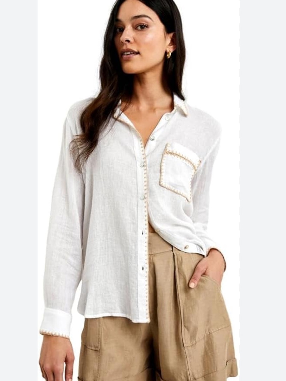Rails Charli Button Down in white linen blanket stitch size medium NWT